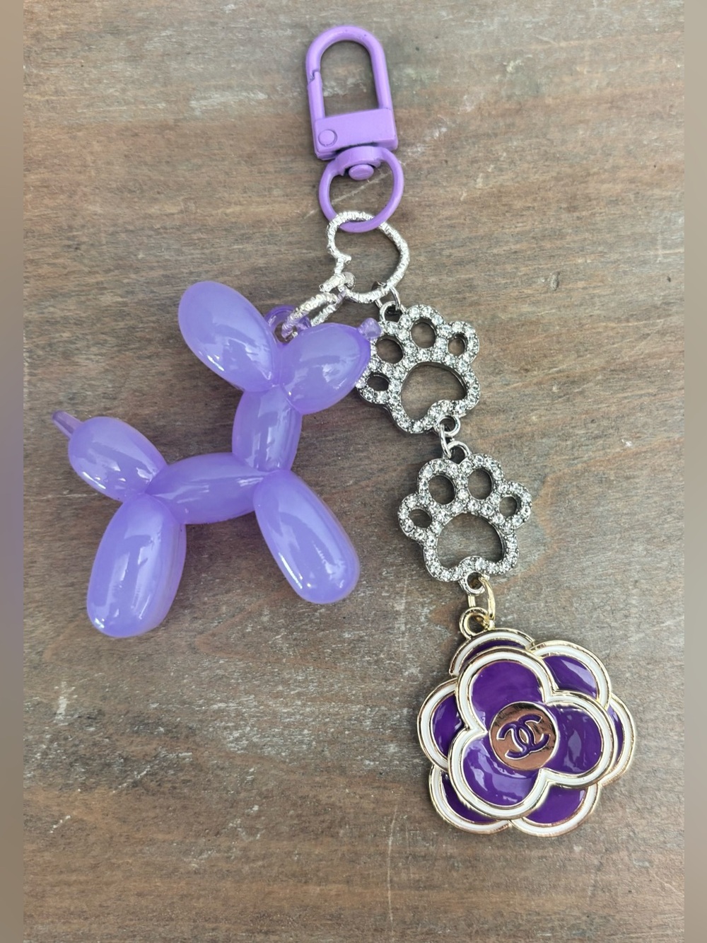 Purple Chanel CC Camellia Flower Zipper Pull Charm, Dog,Paw Rhinestone Bag Charm